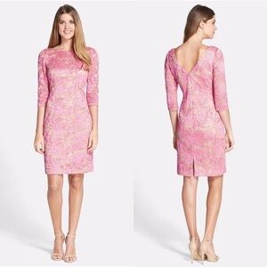 ELIZA J BATEAU NECK 3/4 SLEEVE PINK FLORAL SOUTACHE LACE SHEATH COCKTAIL DRESS